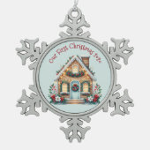 Cozy Gingerbread House Holiday Illustration スノーフレークピューターオーナメント (正面)