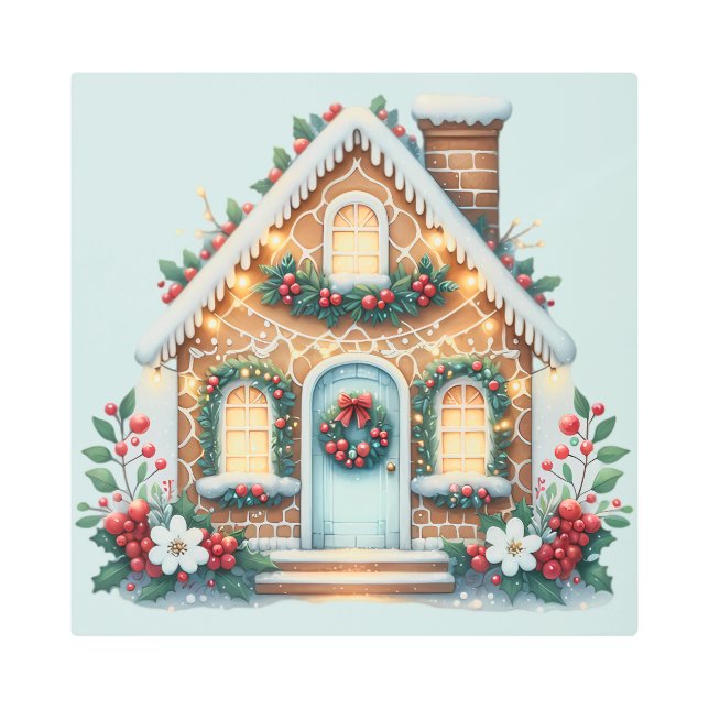 Cozy Gingerbread House Holiday Illustration メタルプリント (正面)