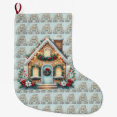 Cozy Gingerbread House Holiday Illustration ラージクリスマスストッキング (正面)