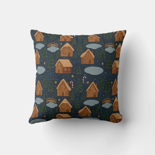 Cozy Gingerbread Houses Pattern Throw Pillow クッション (裏面)