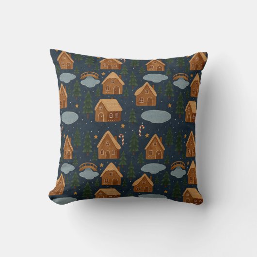 Cozy Gingerbread Houses Pattern Throw Pillow クッション (正面)