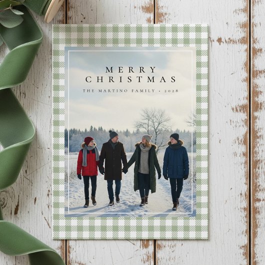 Cozy Gingham Modern Rustic Photo Christmas Card シーズンカード