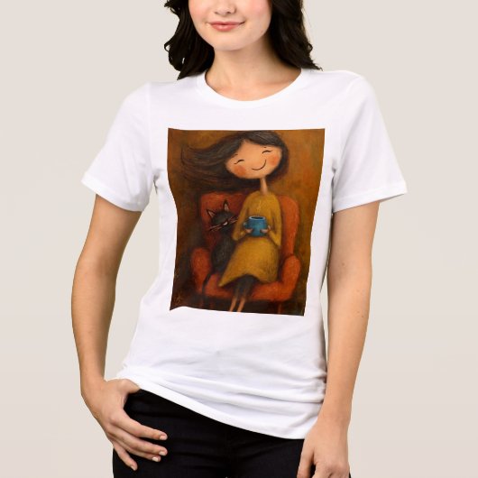 Cozy Girl with Black Cat and Coffee- Whimsical tee トライブレンドＴシャツ (正面)