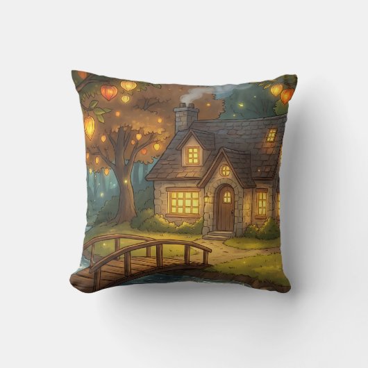 Cozy Glowing Cottage Forest Throw Pillow クッション (正面)