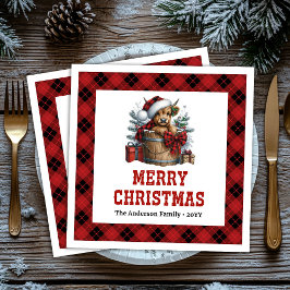 Cozy highland cow holiday napkins red black plaid