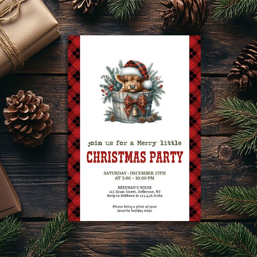 Cozy highland cow invite holly berries and pine 招待状