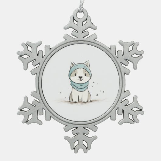Cozy Husky Illustration - Adorable Puppy in Scarf スノーフレークピューターオーナメント (正面)