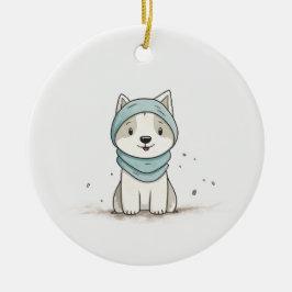 Cozy Husky Illustration - Adorable Puppy in Scarf セラミックオーナメント