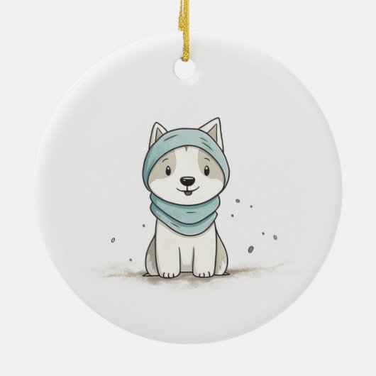 Cozy Husky Illustration - Adorable Puppy in Scarf セラミックオーナメント (裏面)