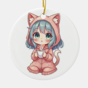 Cozy Kawaii Anime Girl with Cat Hoodie – ホットドリンク セラミックオーナメント
