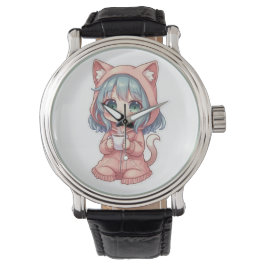 Cozy Kawaii Anime Girl with Cat Hoodie – ホットドリンク 腕時計