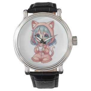 Cozy Kawaii Anime Girl with Cat Hoodie – ホットドリンク 腕時計