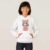 Cozy Kawaii Anime Girl with Cat Hoodie – Hot Drink (正面フル)