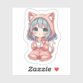 Cozy Kawaii Anime Girl with Cat Hoodie – Hot Drink シール