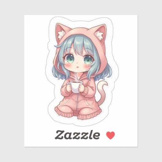 Cozy Kawaii Anime Girl with Cat Hoodie – Hot Drink シール (シート)