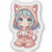Cozy Kawaii Anime Girl with Cat Hoodie – Hot Drink シール (正面)