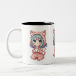 Cozy Kawaii Anime Girl with Cat Hoodie – Hot Drink ツートーンマグカップ