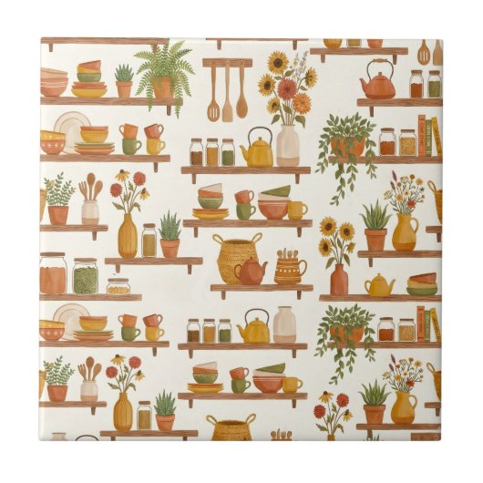 Cozy Kitchen Shelfie Watercolor Wall Accent タイル (正面)