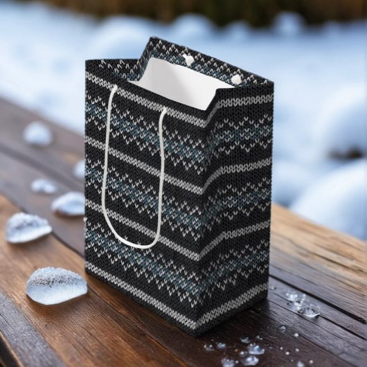 Cozy Knitted Pattern Black and Gray Paper Gift Bag ミディアムペーパーバッグ