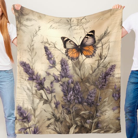 Cozy Lavender Butterfly Vintage Print フリースブランケット