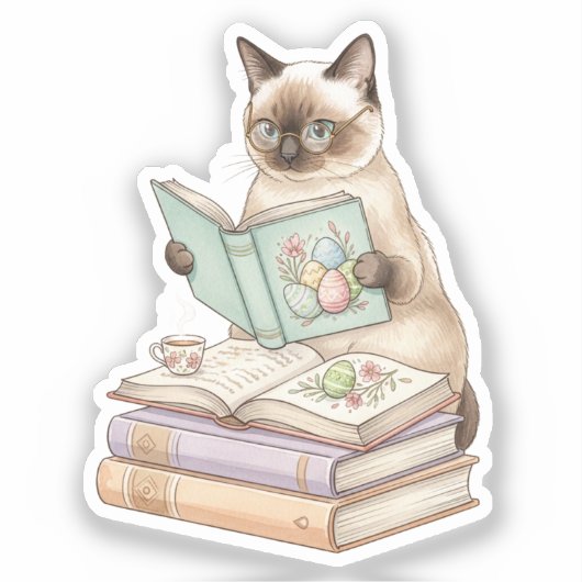Cozy Librarian Cat Reading Easter Book Bookworm  シール (正面)