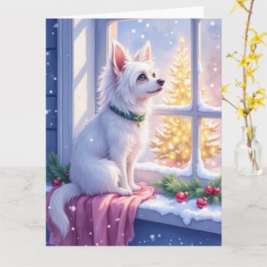 Cozy Maltese by Snowy Window Christmas Dog Art カード (黄色い花)