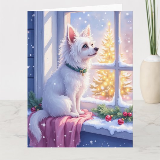 Cozy Maltese by Snowy Window Christmas Dog Art カード (正面)