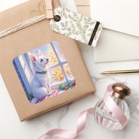 Cozy Maltese by Snowy Window Christmas Dog Art スクエアシール (ギフト)