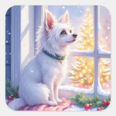 Cozy Maltese by Snowy Window Christmas Dog Art スクエアシール (正面)