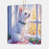 Cozy Maltese by Snowy Window Christmas Dog Art セラミックオーナメント (左)