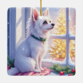Cozy Maltese by Snowy Window Christmas Dog Art セラミックオーナメント (裏面)