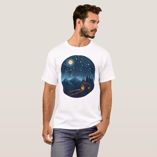 Cozy Night Cabin Under Starry Sky T-Shirt Tシャツ (正面フル)