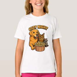 Cozy Night Movie Time – Cute Dog,Cat,Mouse Popcorn Tシャツ