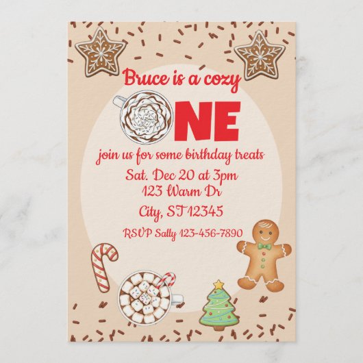 Cozy One, hot chocolate winter 1st birthday 招待状 (正面)