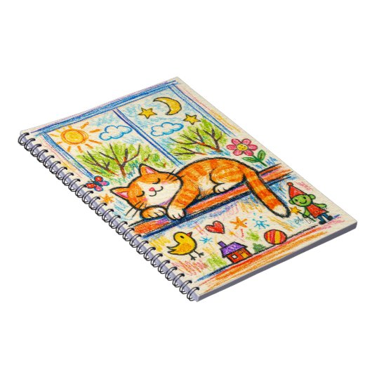 Cozy Orange Cat on Windowsill Whimsical Crayon Art ノートブック (右側)