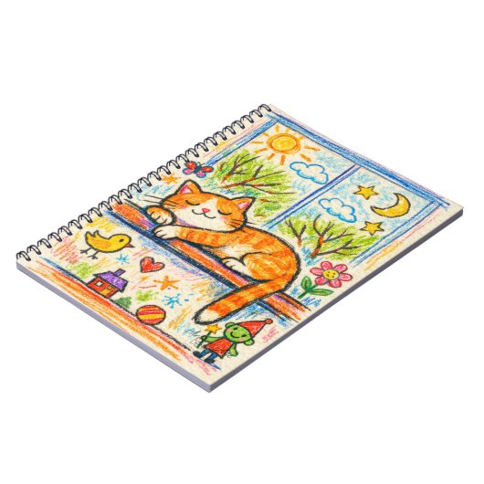 Cozy Orange Cat on Windowsill Whimsical Crayon Art ノートブック (左側)