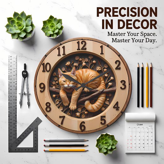 Cozy Orange Tabby Cat Wood ラージ壁時計
