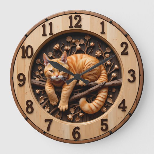 Cozy Orange Tabby Cat Wood ラージ壁時計 (正面)