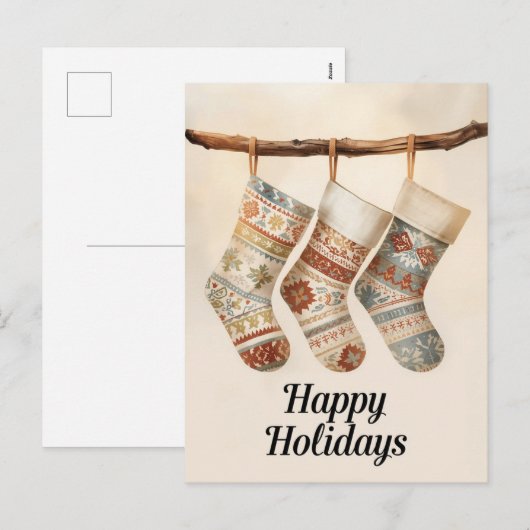 Cozy Patterned Christmas Stockings シーズンポストカード (正面/裏面)