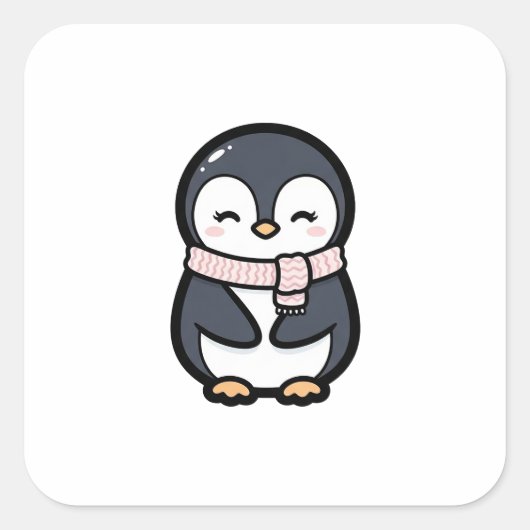 Cozy Penguin – Cute Kawaii Animal Illustration スクエアシール (正面)