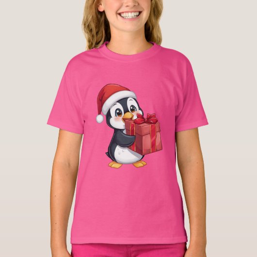 Cozy Penguin with Gift – Kids Christmas Tee Tシャツ (正面)