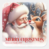 Cozy Personalized Santa and Rudolph Winter Sticker スクエアシール (正面)