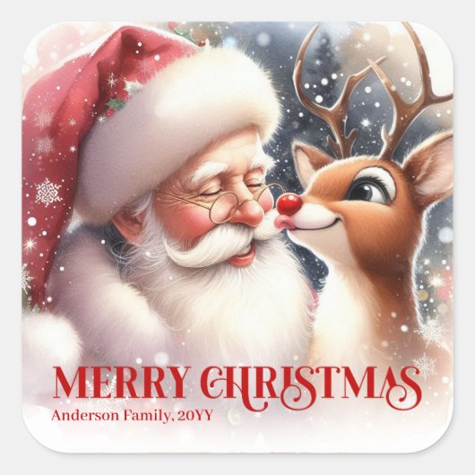 Cozy Personalized Santa and Rudolph Winter Sticker スクエアシール (正面)