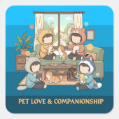 Cozy Pet Friends Chibi Anime Art スクエアシール (正面)