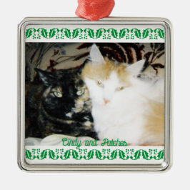 Cozy Photo Two Cats with Names Green Holly  メタルオーナメント