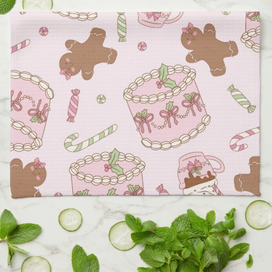 Cozy Pink Pastel Cake & Bow Christmas Apron キッチンタオル (折り畳み)