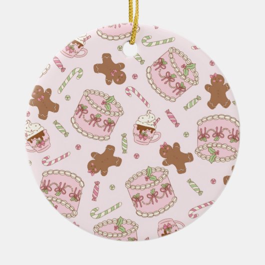Cozy Pink Pastel Cake & Bow Christmas Apron セラミックオーナメント (正面)