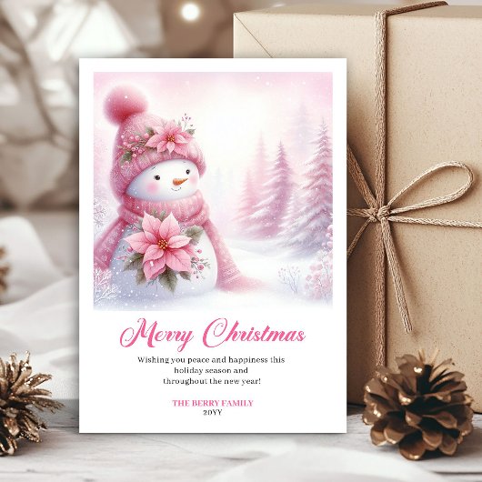 Cozy pink snowman Christmas kids card instant down シーズンカード