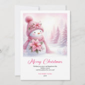 Cozy pink snowman Christmas kids card instant down シーズンカード (正面)