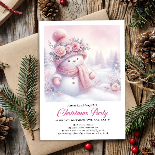 Cozy Pink Snowman Kids Download Christmas Invites 招待状